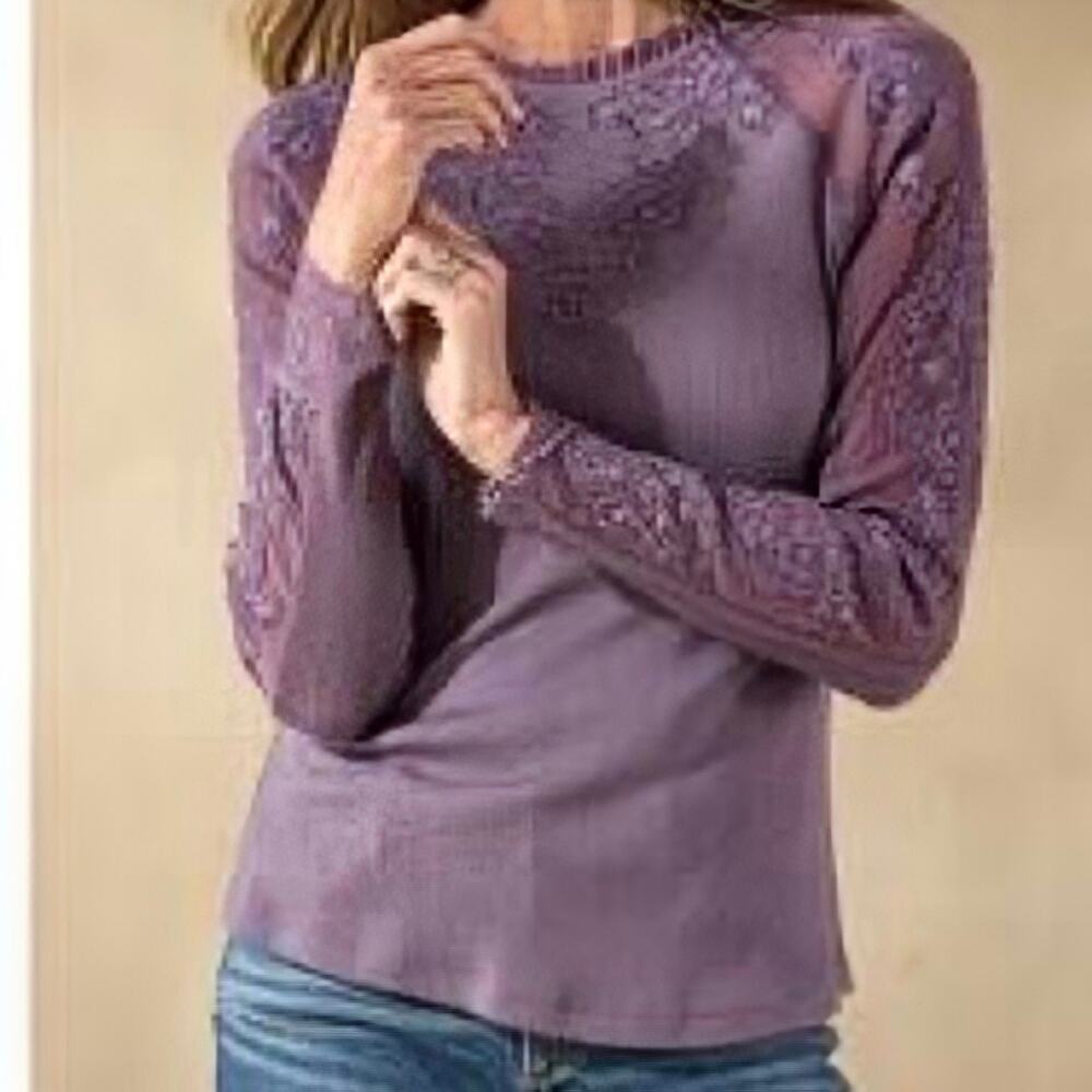 Sundance Floral Lace Embroidered Sleeve Ribbed Top NEW